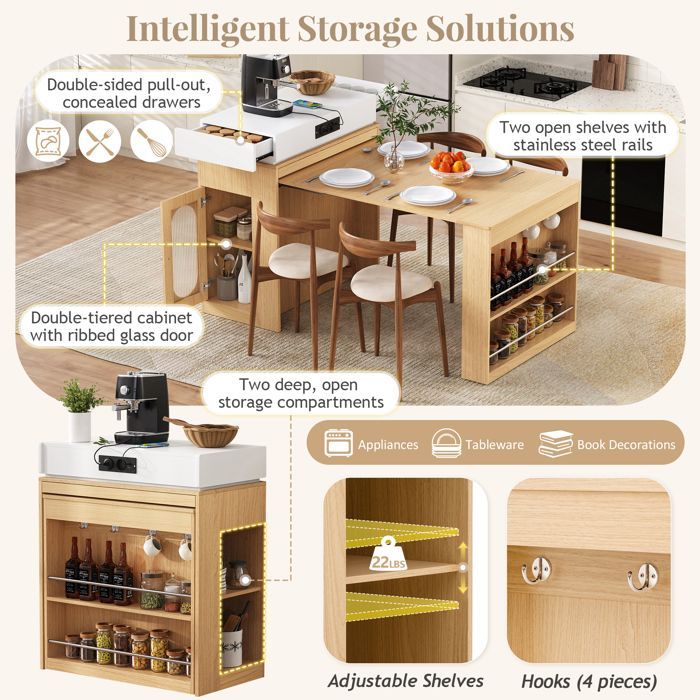 Isla de cocina con ruedas, regleta y gancho, mesa de comedor extensible con tablero plegable, acabado natural.