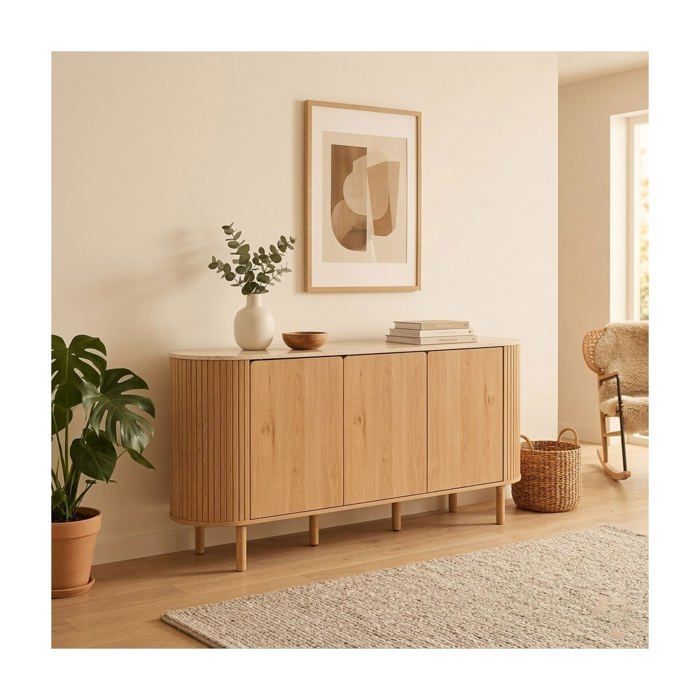 CALICOSY - 3-door sideboard with travertine-effect top, 160 cm wide - HELIOS - Light wood