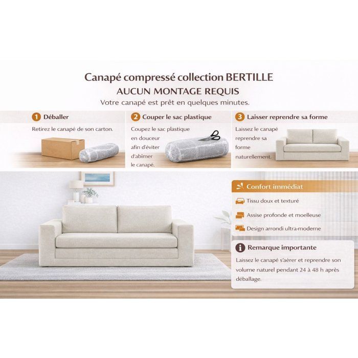 Sofá cama convertible de 3 plazas - BERTILLE - Tejido color crema beige - 200 x 98 x 90 cm