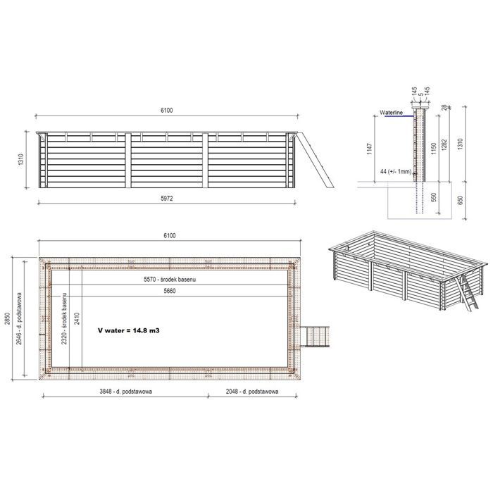 Piscine en bois Aqua 6,1x2,85 - H.1,31 m fixations à sceller - BAS7307OSPI
