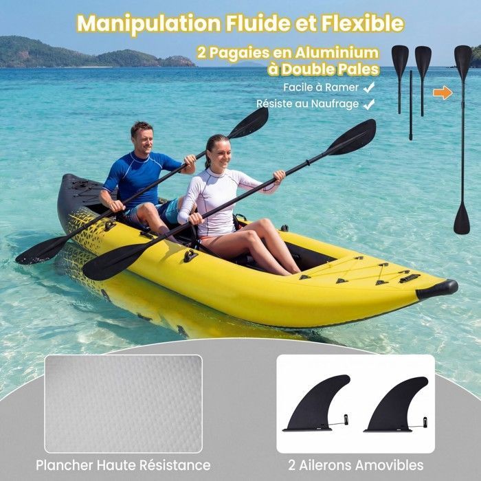 Kayak hinchable COSTWAY para 2 personas, 381x94x40cm - 2 remos de aluminio, 2 aletas desmontables, kit de reparación - Bomba manual - 230kg - Amarillo