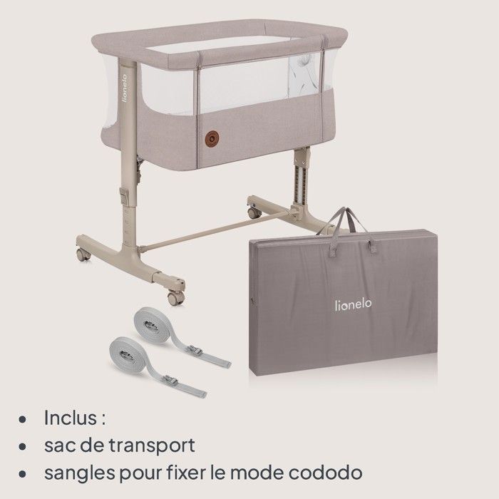 Cuna colecho LIONELO Aurora 3 en 1 - Altura e inclinación ajustables - Colchón y bolsa incluidos - Beige capuchino