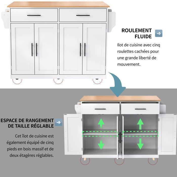 Desserte de cuisine avec Plateau Rabattable - Îlot Central Cuisine Mobile - 2 Grands Tiroirs - 2 Portes et Porte-Serviettes - Blanc