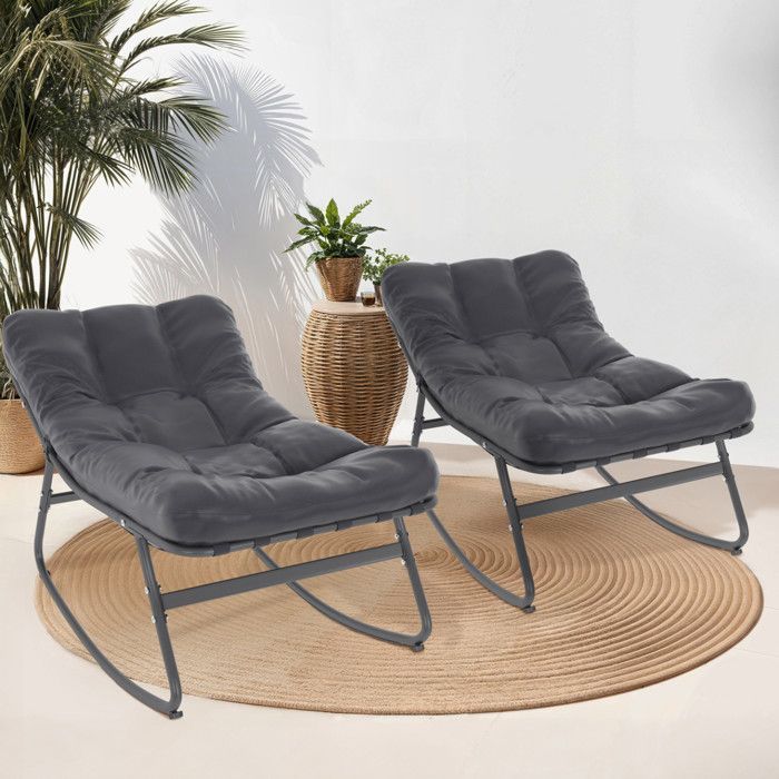 IDMARKET Set mit 2 ARONA Schaukelstühlen für den Garten, anthrazitgrau mit grauen Kissen