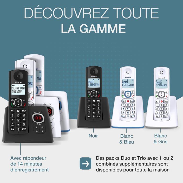 Telefono cordless FLEUVE F530 Duo DECT con ampio schermo retroilluminato, funzione vivavoce, blocco chiamate, 2 impostazioni di memoria, colore bianco/grigio.
