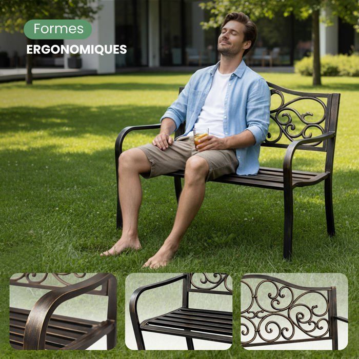 Banc de Jardin en Brun IRGA avec Pieds en Acier et dossier en fonte, Largeur 127 cm