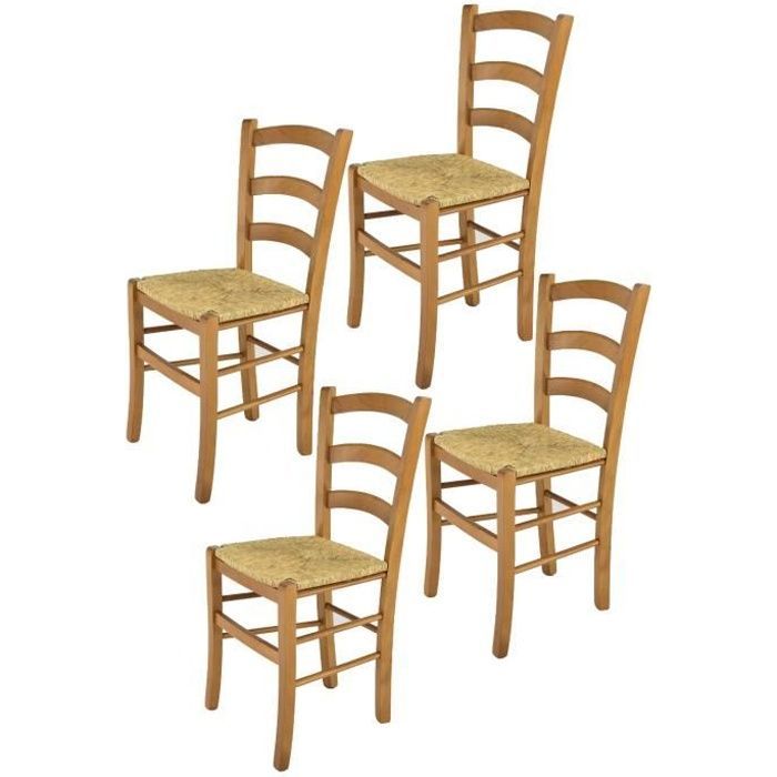 Tommychairs - Set 4 chaises cuisine VENICE, robuste structure en bois de hêtre peindré en couleur chêne et assise en paille