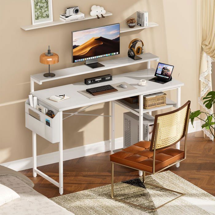 Bureau informatique - HLONONE - 100 x 48 cm - Modèle à deux niveaux - Éclairage LED - Réglable en hauteur - Blanc