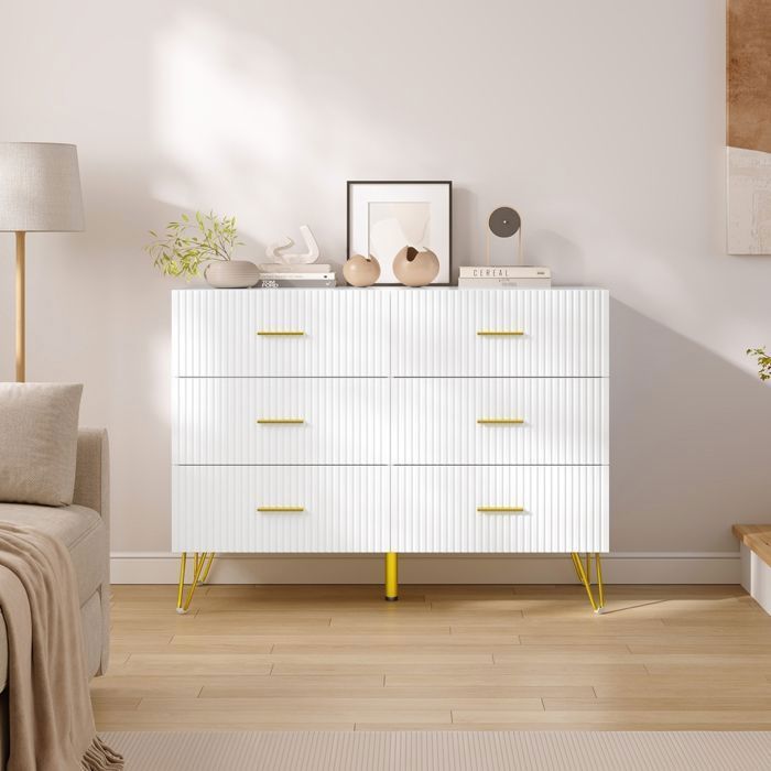 Cômoda com 6 gavetas - Design elegante - Móvel em madeira industrializada - Pés de metal dourado - 100x40x75cm - Branca