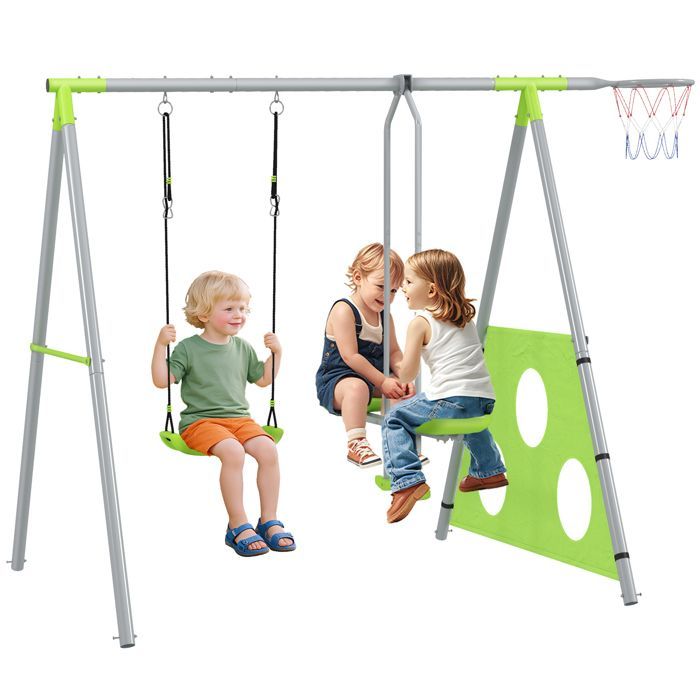 Portique balancoire enfant 4 en 1 - AIYAPLAY - sièges et face à face, panier de basket-ball et but de football, charge 135 kg - vert