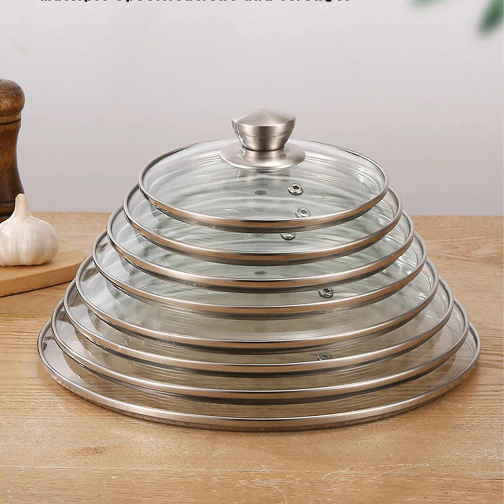 Couvercle de casserole en verre trempé, couvercle de poêle à rebord en acier inoxydable, couvercle rond en verre anti-éclaboussures et incassable pour poêle de cuisine polyvalente.