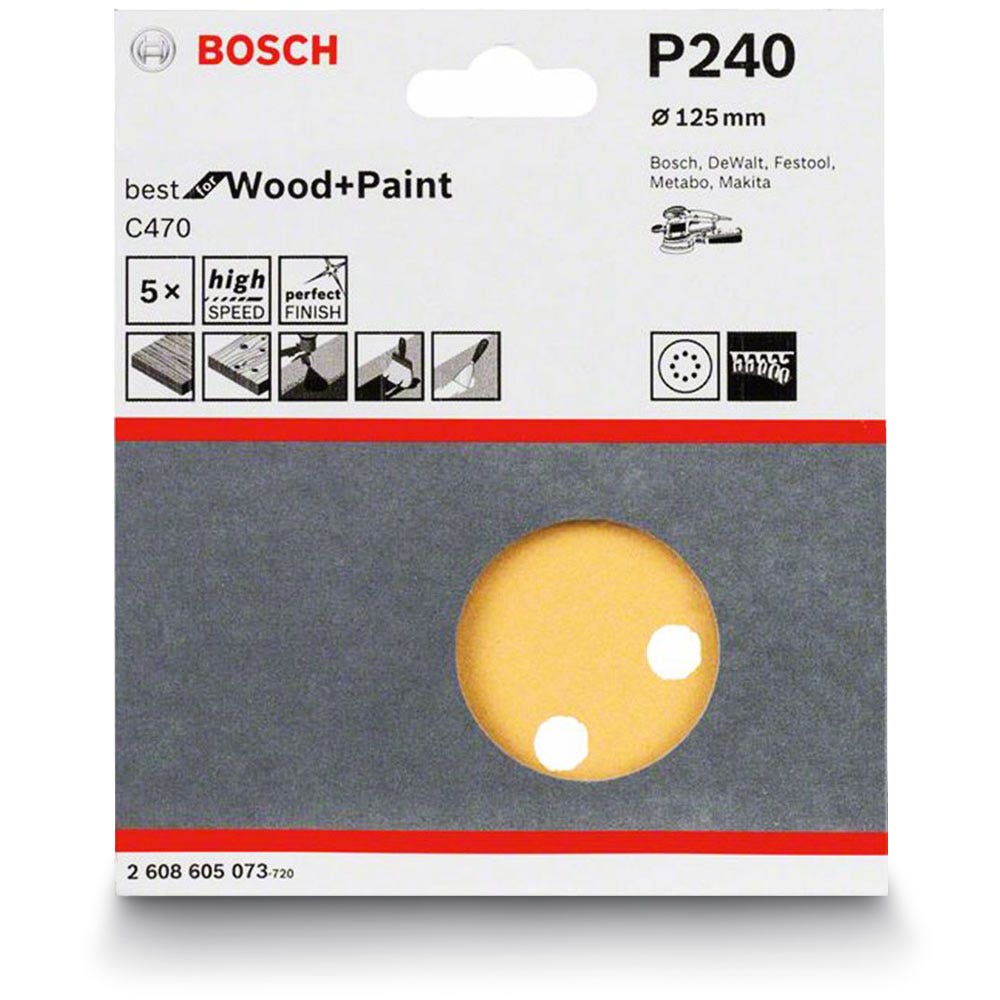BOSCH Schleifscheibe 125 mm, Körnung 240, 8 Löcher, Klettverschluss, für Holz und Lack – C470 – 5 Stück