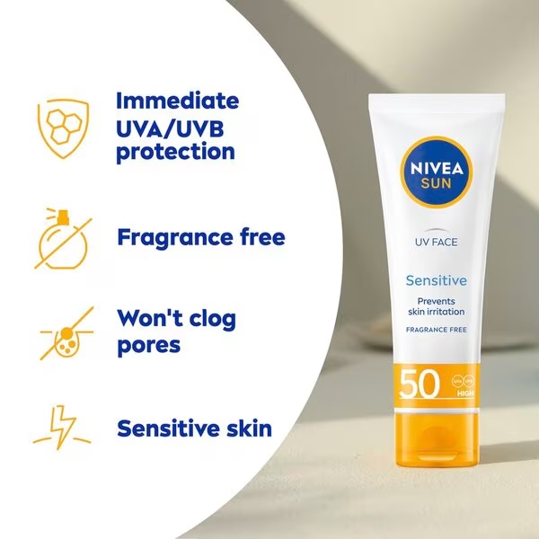 NIVEA Sun Face Sensitive krema za sončenje za obraz SPF50<br>50ml