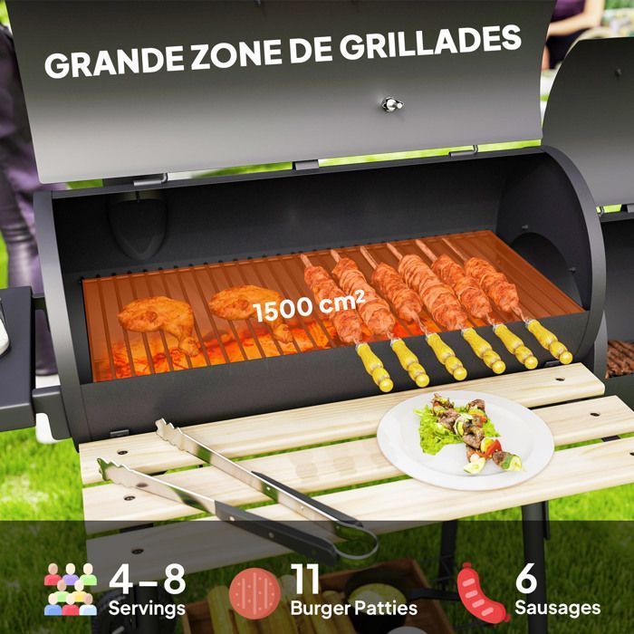 Barbecue à charbon - Outsunny - fumoir BBQ grill smoker sur pied couvercle roulettes thermomètre - acier - noir