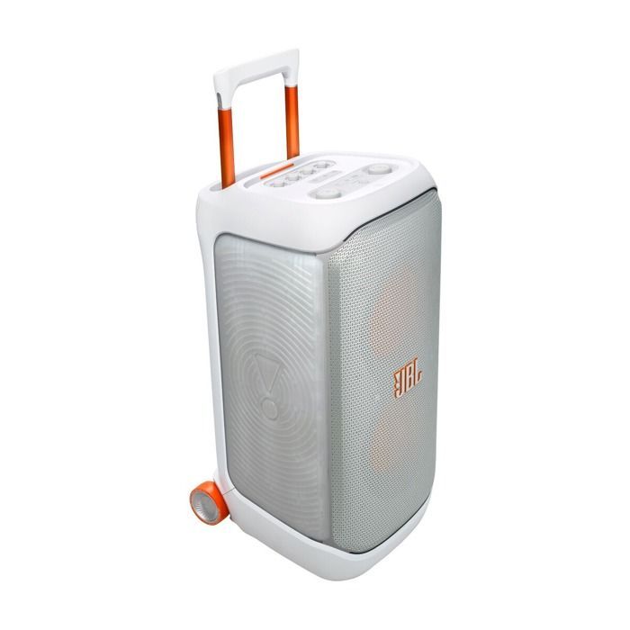 Altavoz portátil Bluetooth JBL PartyBox Stage 320 con ruedas, color blanco.