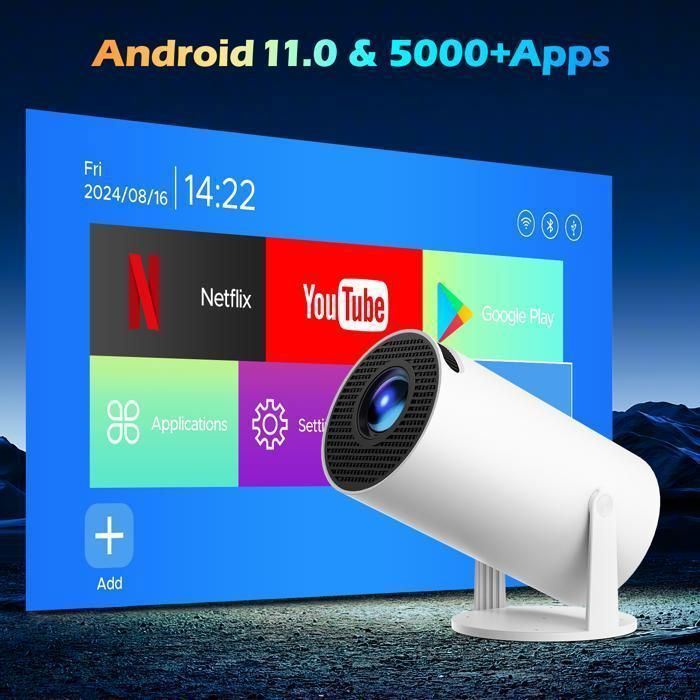 Projetor de vídeo nativo 4K HD 720p, mini projetor portátil com Wi-Fi 6, Bluetooth 5.0, Android 11.0 com Netflix e HDMI.