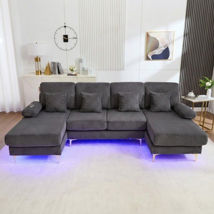 Canapé en U - LANGTU - Relaxation - Velours gris - LED d'ambiance & USB-C - Bois massif 4 places