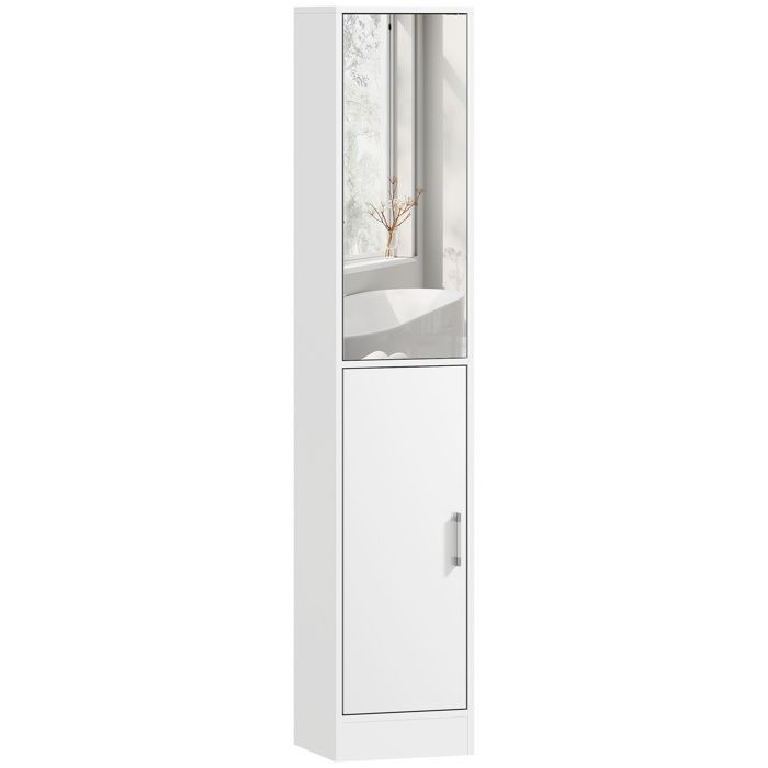 Meuble colonne salle de bain - kleankin - 6 niveaux - porte miroir, étagères réglables - panneau de particules - 32x28x162cm - blanc