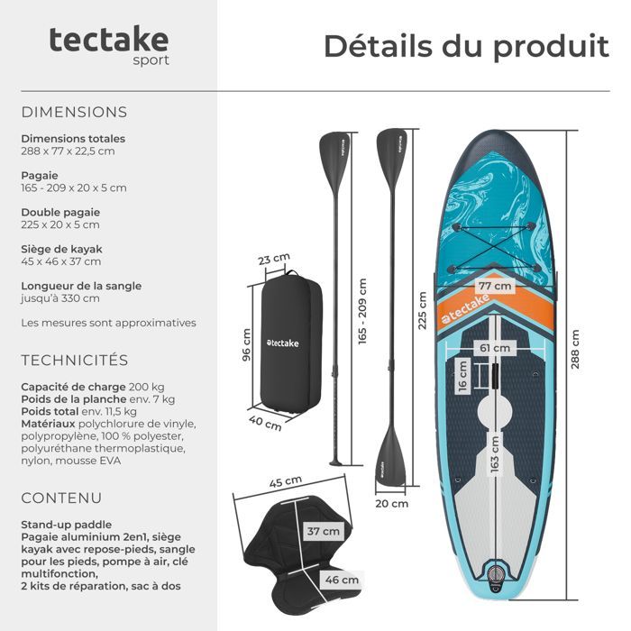 Tabla de paddle surf - TECTAKE - Tabla hinchable 2 en 1, kit completo con construcción drop-stitch, 3 aletas - naranja turquesa