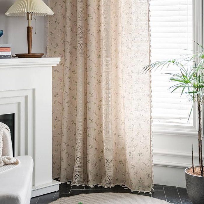 Floraweg Boho curtain, hooks, lace patchwork, semi-blackout, floral print, for living room or bedroom, 150 x 220