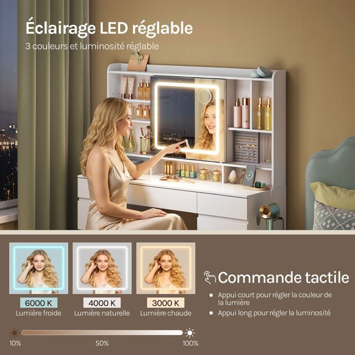 Coiffeuse avec Miroir LED Coulissant et Multiprise - WOLTU Grande Coiffeuse avec 9 Tiroirs - Blanc