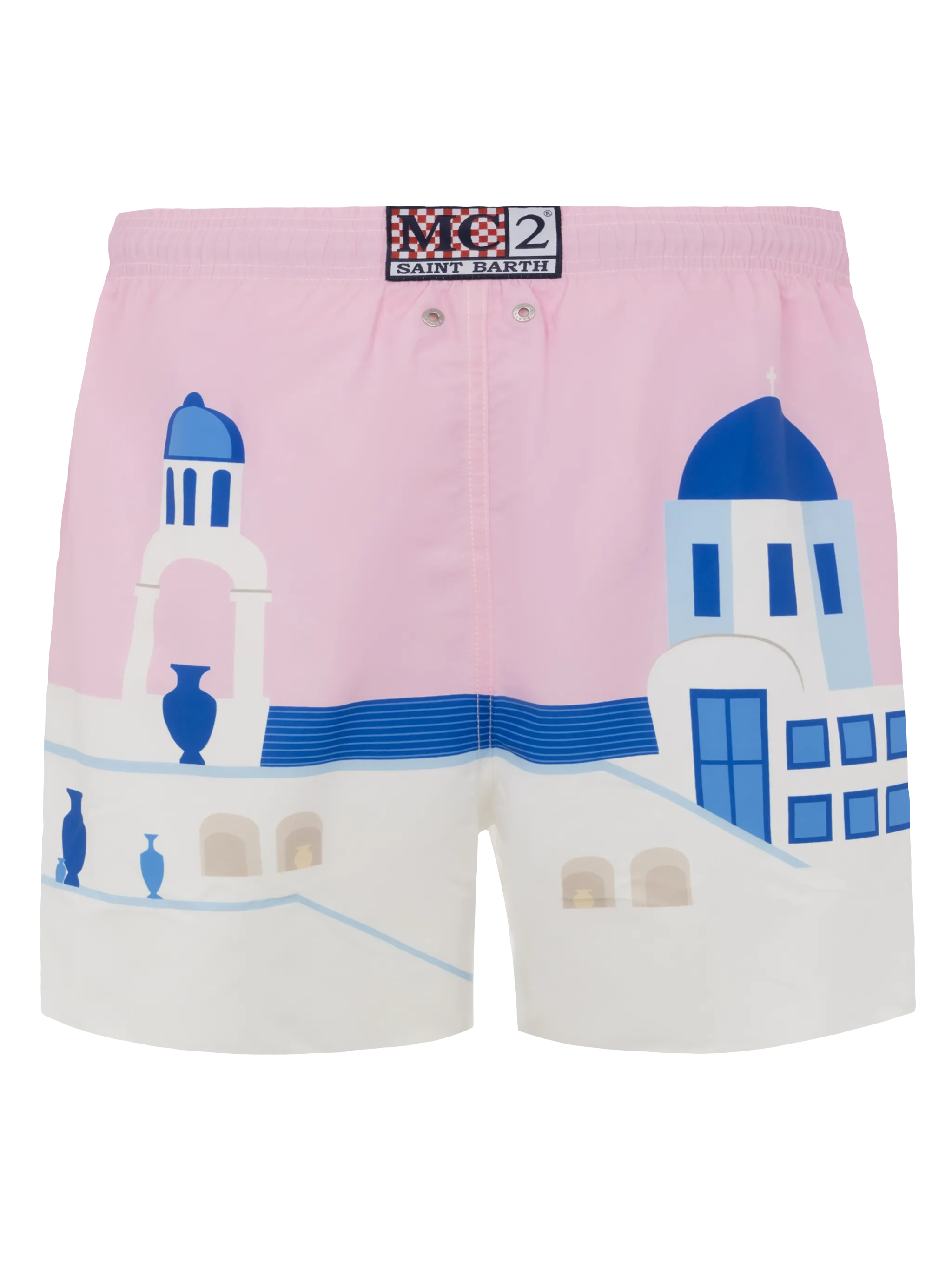 Costume mare lunghezza media Gustavia con stampa cartolina Mykonos