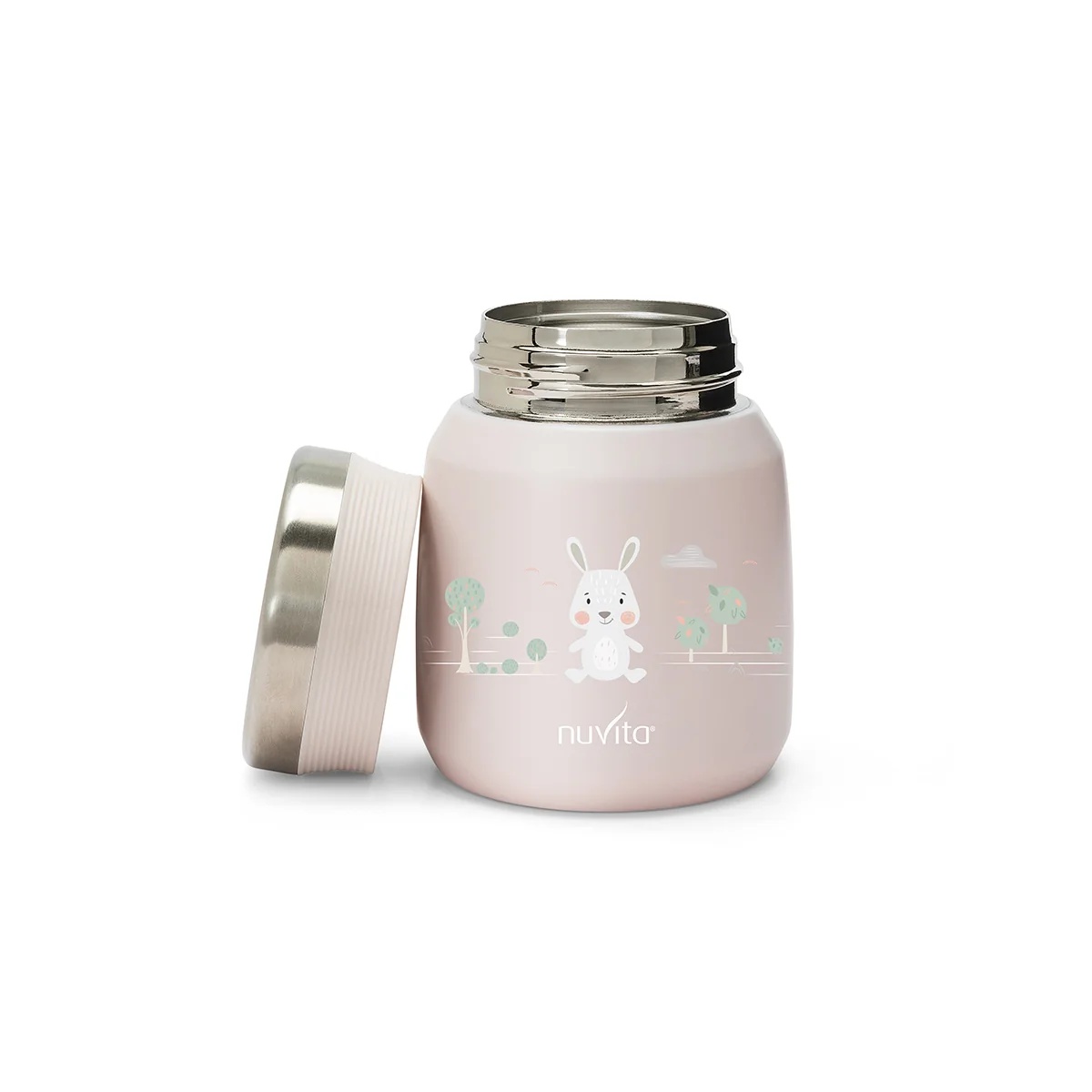 Garrafa térmica Nuvita em aço inoxidável para alimentos líquidos/sólidos, rosa, 300 ml, com fechamento hermético para papinhas e caldos de bebê.