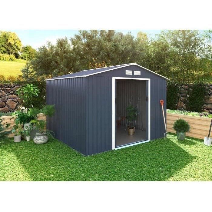 Caseta de jardín metálica de 7,06 m² - 277 x 255 x 202 cm - MERCURE - Kit de anclaje incluido, 2 puertas correderas - Gris