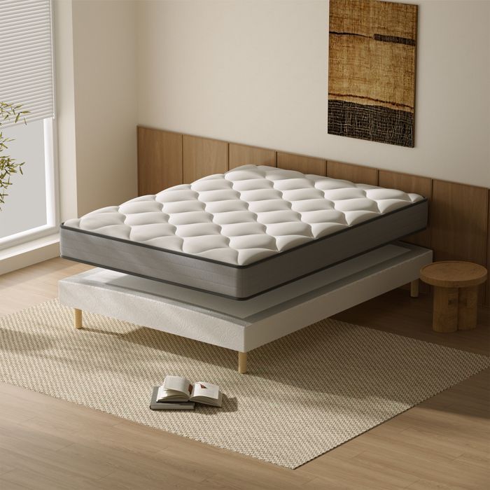 TEENO 160x200cm Spring Mattress + Slatted Base, Hybrid Pocket Spring Mattress, 20cm Thick Upholstered Protective Slatted Base