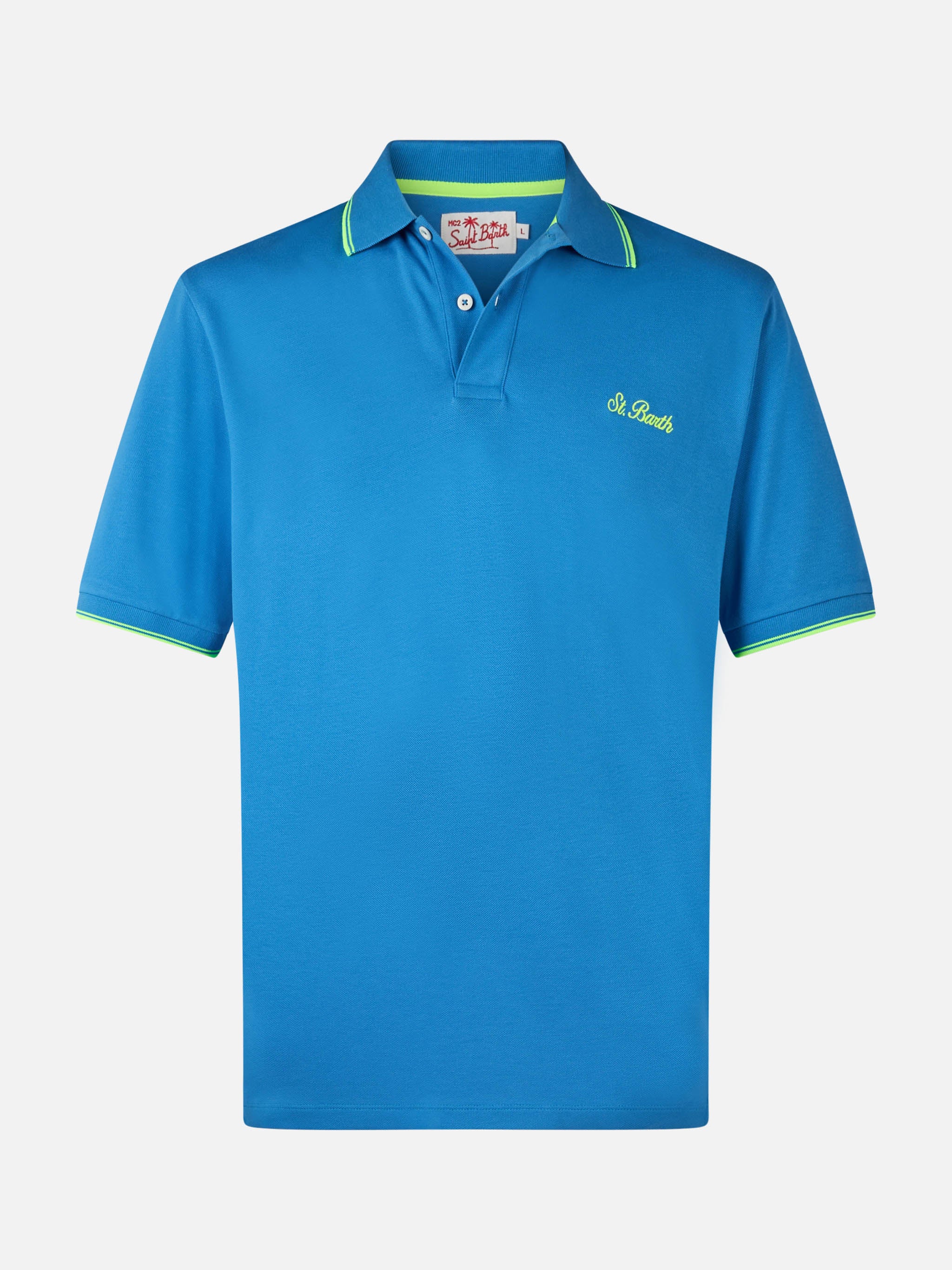 Herenpoloshirt van Beverly Hills-katoenpiqué in Beverly Hills-blauw met palmboomborduurwerk