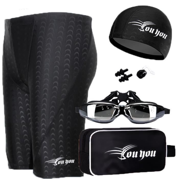 Traje de baño para hombre - Negro - Conjunto de 6 piezas - Bañador corto elástico para hombre con cordón ajustable