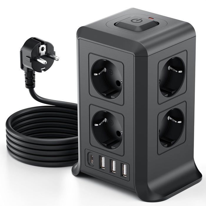 Regleta USB con protección contra sobretensiones, 8 tomas de corriente + 4 puertos USB, protección contra sobretensiones/rayos, cable de 2 metros.
