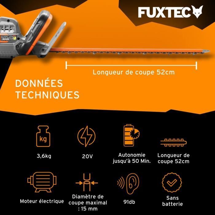 Cortasetos a batería - FUXTEC FX-E1HS20 - 20 V, cuchilla de 52 cm - Batería y cargador no incluidos