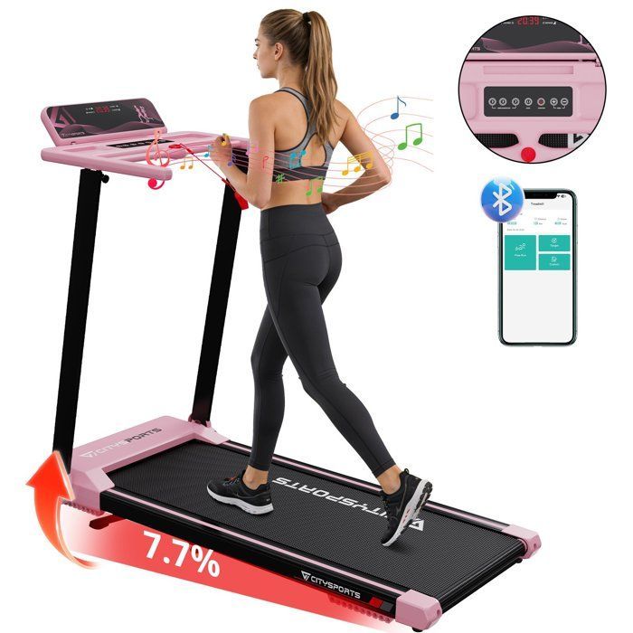 Foldable and Incline Treadmill 7.7%, Pink, APP, 1-12km/h. 1400w. Wheels for Moving.