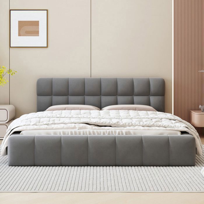 Letto matrimoniale 140 x 190 cm con testiera e rete a doghe, letto a pavimento imbottito, struttura letto 140x190 cm con rete a doghe, lino, grigio