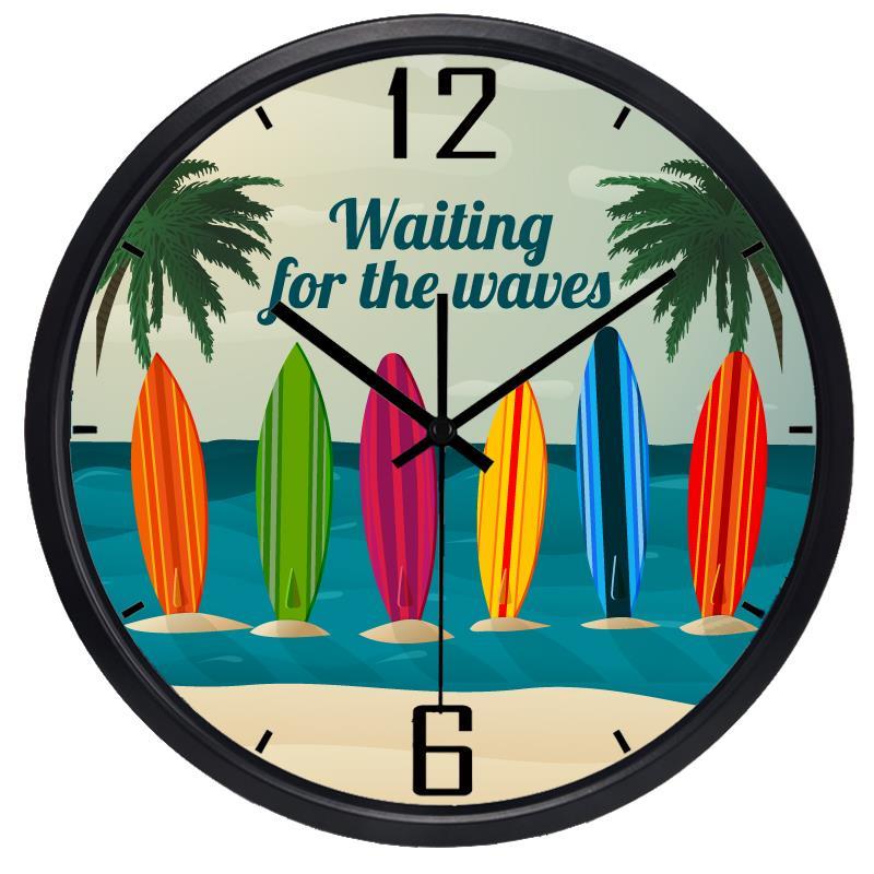 Hot Brand Creatieve Garantie 10 Jaar Kleurrijke Schuifwandklok Zomer Glazen Cover Metalen Strand Vakantie Zeehorloge
