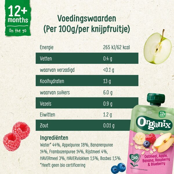 Organix 12+M voćni sok od zobi, jabuke, banane, jagode i borovnice<br>100g