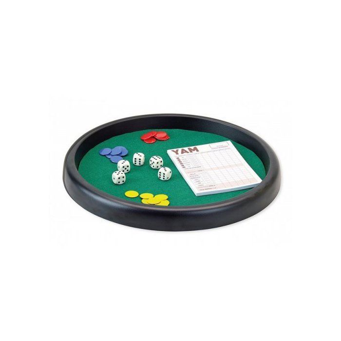 Runde grüne Würfelbahn (31 cm) und Zubehör für verschiedene Spiele (Yam-Block, 21 Spielsteine, 5 Würfel) - Brettspiel 421 -