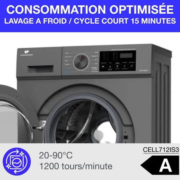 Lavadora de ojo de buey - CONTINENTAL EDISON - CELL712IS3 - 7 kg - Inducción - 60 cm - 1200 rpm - Plateada