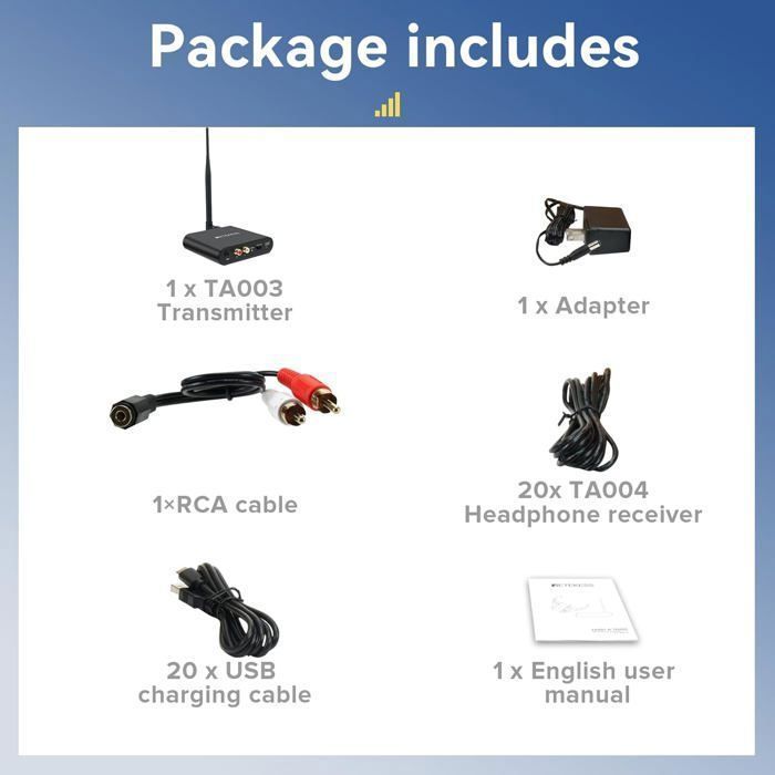 Kit di avviamento Silent Disco Retekess TA004, cuffie wireless per TV, 3 canali, portata 200 m, 20 cuffie, cuffie da discoteca per feste