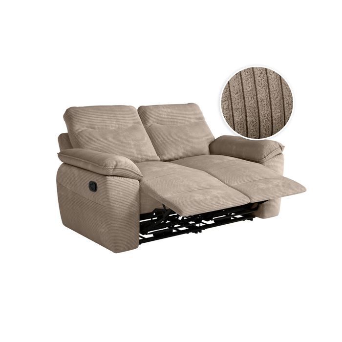 Sofá reclinável manual ROSS de 2 lugares em veludo cotelê - Taupe - L160 x P100 x A102cm - LOUNGITUDE