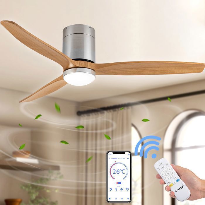 Ventilateur Plafond avec Lumière LED à Intensité Variable, 132 cm, Télécommande/Mode Hiver-Été/Silencieux/Moteur CC 30W/Bois
