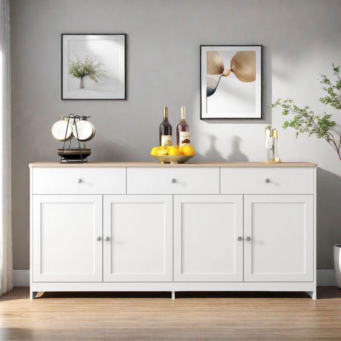 Buffet Moderne,Buffet Bas,Buffet bahut avec 3 tiroirs et 4 portes,Rangement,Armoire de Cuisine,160x37x75cm,Blanc,Pour Salon,Cuisine