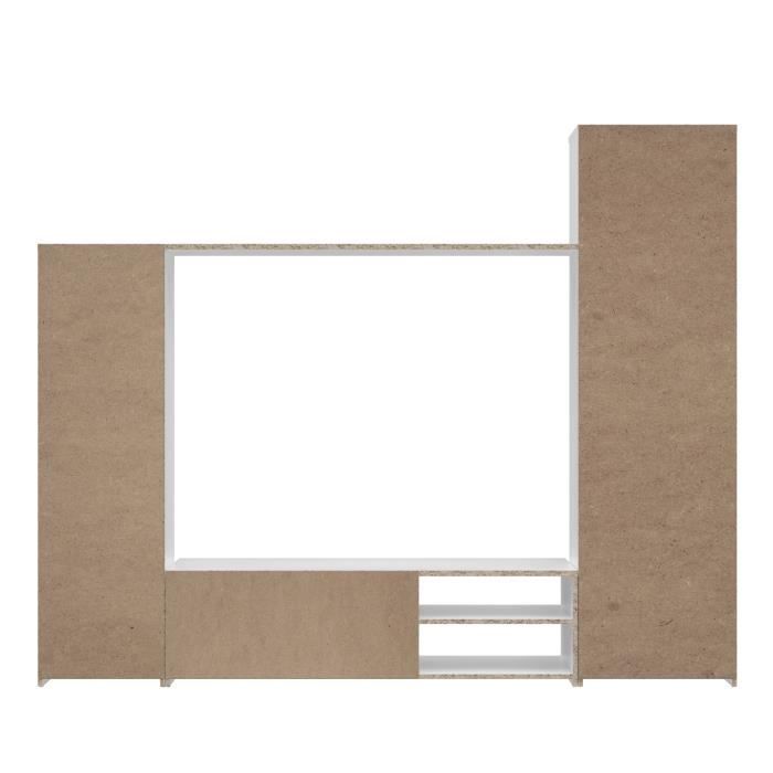 Meuble TV paroi PILVI - Particules mélaminé -Décor blanc mat - porte vitrée + 1 abattant + 5 niches - L220 x P41 x H177,5 cm