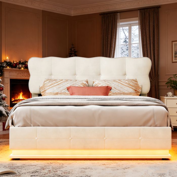 Lit 140x190 cm - LED - tissu en velours - cadre de lit adulte - beige