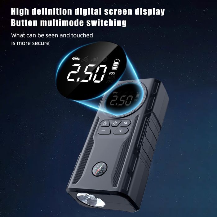 Arrancador de batería para coche, arrancador de 1800 A, arrancador de coche de 12 V, con puerto de carga USB, luz LED, pantalla panorámica HD.