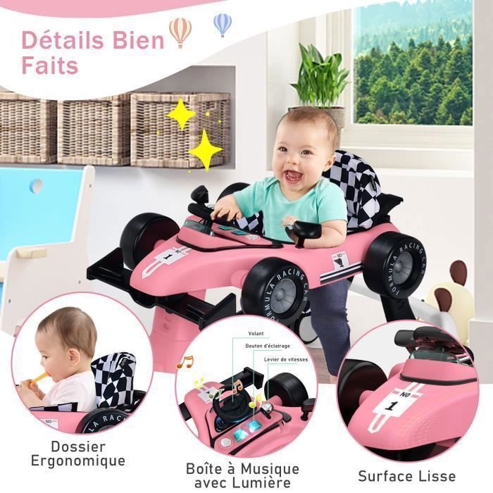 Andador plegable 4 en 1 para bebés COSTWAY - Altura y velocidad ajustables - Caja de música con luz - 6-18 meses - Ruedas silenciosas - Rosa