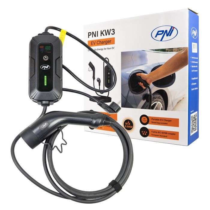 Cargador portátil PNI KW3 de 16 A (3,5 kW) para vehículos eléctricos, 230 V, tipo 2, IP66