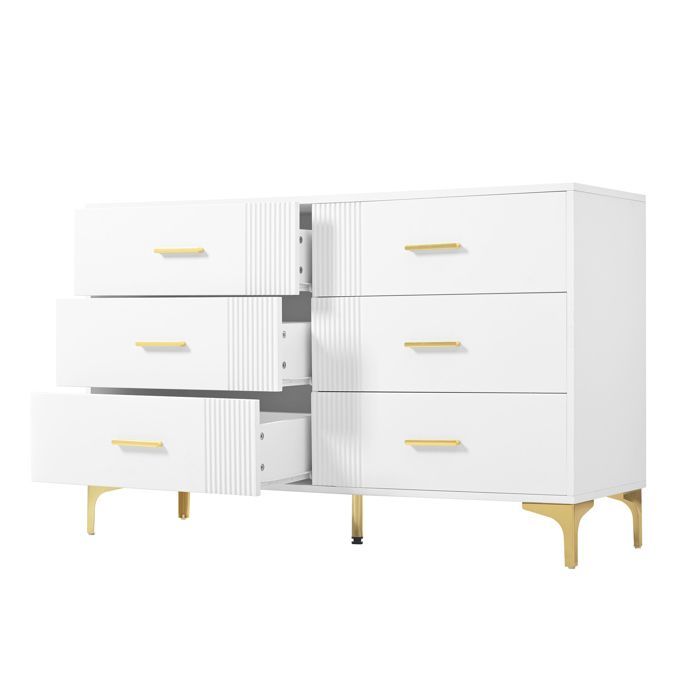 Cómoda HOMVRA de 120x40x76 cm con 6 cajones, acabado texturizado ondulado, fabricada en MDF, color blanco.