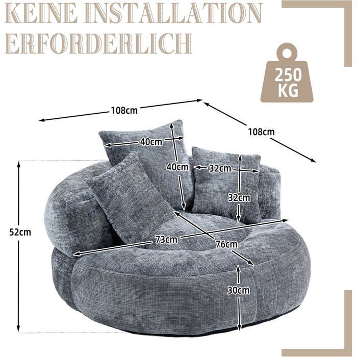 Lemonbest Pouf poire avec trois coussins pour, Convient pour la chambre et le salon, Lazy Canapé, 108*108*52cm chenille Gris